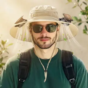 Wide Brim Sun Hat with 2 Solar Fans, UPF 50+ Bucket Hat for Men Women, 100% Polyester, Lightweight, Breathable, Solar & USB Powered, 4.8 Inch Wide Brim, Comfortable for Fishing & Beach Activities