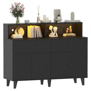 Modern Kitchen Pantry Cabinet with Power Outlets & LED Light – Freestanding Buffet Sideboard, Adjustable Shelves, Drawers, Hutch Storage for Dining or Living Room – Black