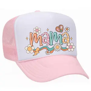 Mama Flower Trucker Hat Mom Hat Graphic Pink White Snapback Adjustable Mesh for Everyday Wear