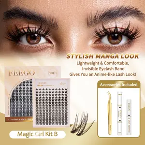 FEEGO Lashes Magic Girl Kit Manga Anime Lashes Cluster C Curl With Invisible Band DIY 140 Pcs 8-18 mm Eyelash Extension Kit Bond and Seal Eyelash Remover Waterproof Beginner Friendly Individual Lashes and Long lasting Makeup For Girl