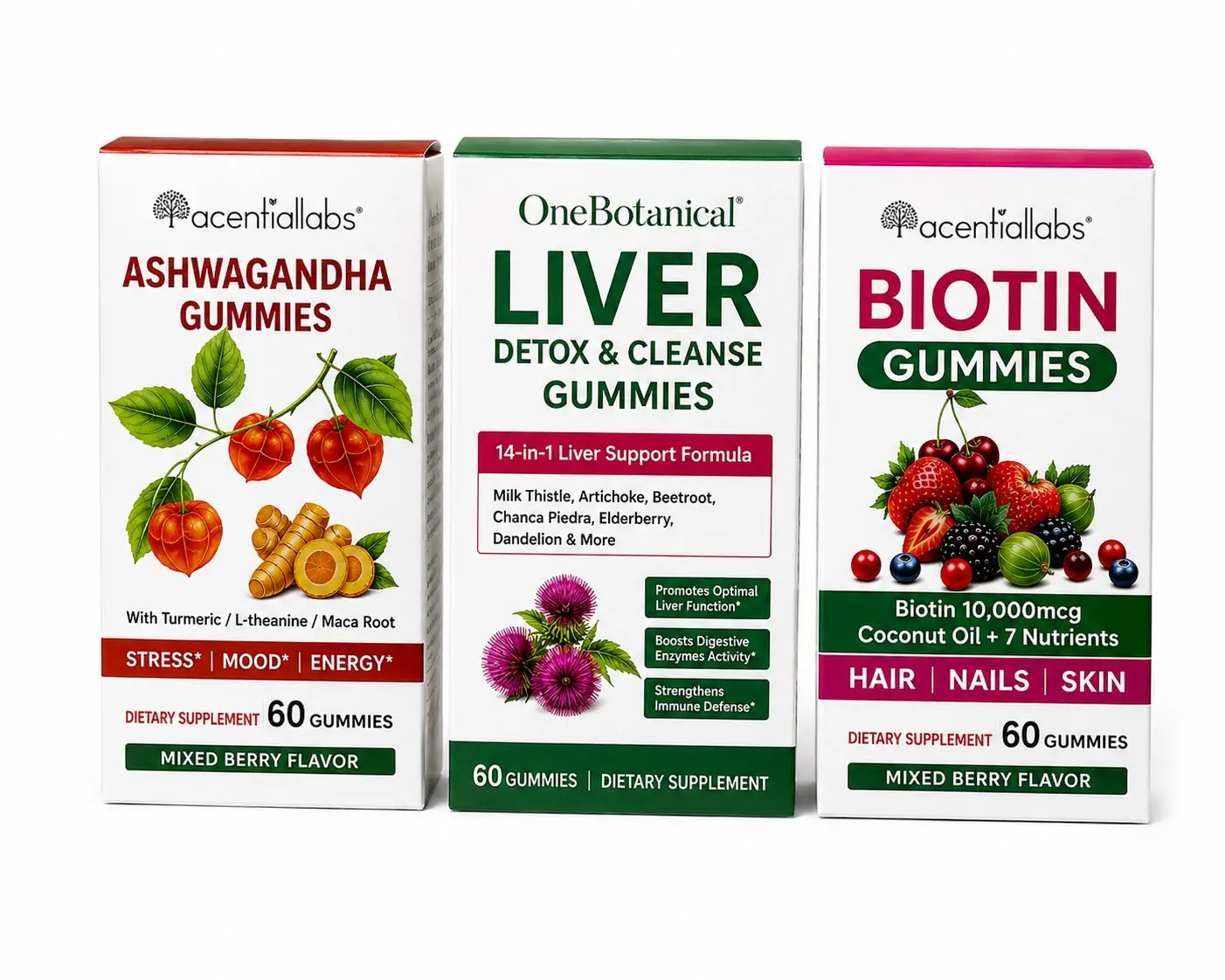 Acential Labs Wellness Gummies Bundle | Ashwagandha + Liver Support +Biotin | 3 Pack | 60 Gummies Each