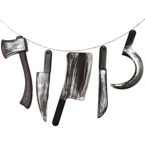 5 Pcs Hanging Halloween Bloody Knife Decorations Indoor, Fake Knife Plastic Fake Knives Weapon, Party Decor Haunted House Fake Blood, Machete Axe Cleaver Sickle for Scary Yard Porch
