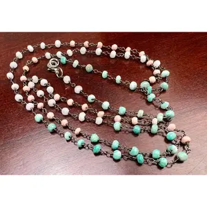 Peru Opal Beaded chain Tri color multi opal blue pink white 3.5mm faceted roundel Wire Wrapped Peruvian opal silver oxidized summer gift