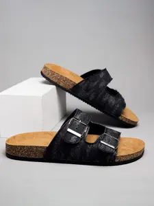 Unisex Denim Sandals with Dual Buckle Design, Retro Style Soft Wood Sole, Adjustable Metal Straps, Comfortable Summer Beachwear