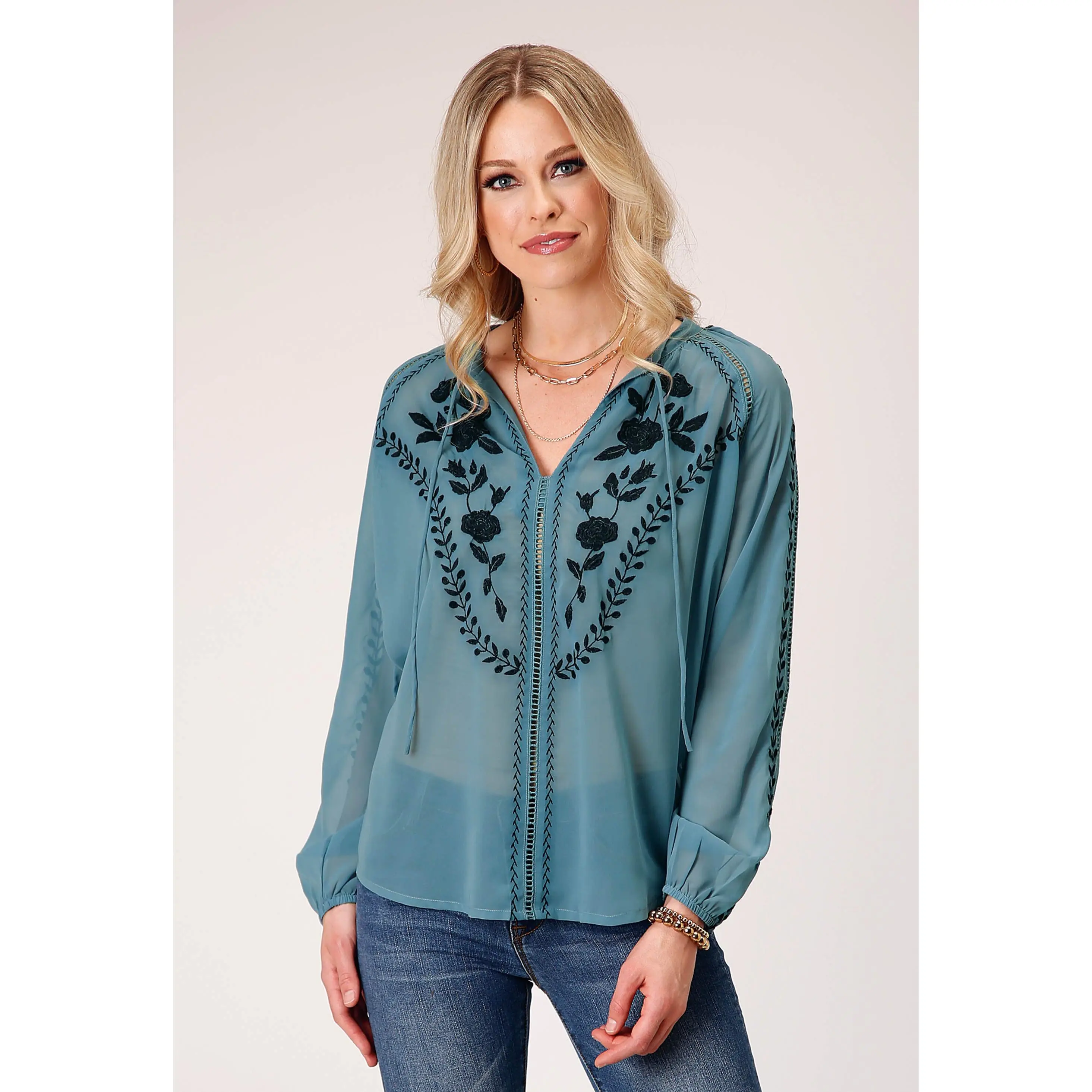 Womens Long Sleeve Pullover Poly Georgette Peasant Western Blouse With Stan