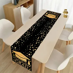 1pc Graduation Table Runner Black Golden Polyester  Class of 2026 Graduation Theme with Stars & Graduation Caps Design Durable Party Tablecloth for Graduation Party Decorations Graduation Decorations