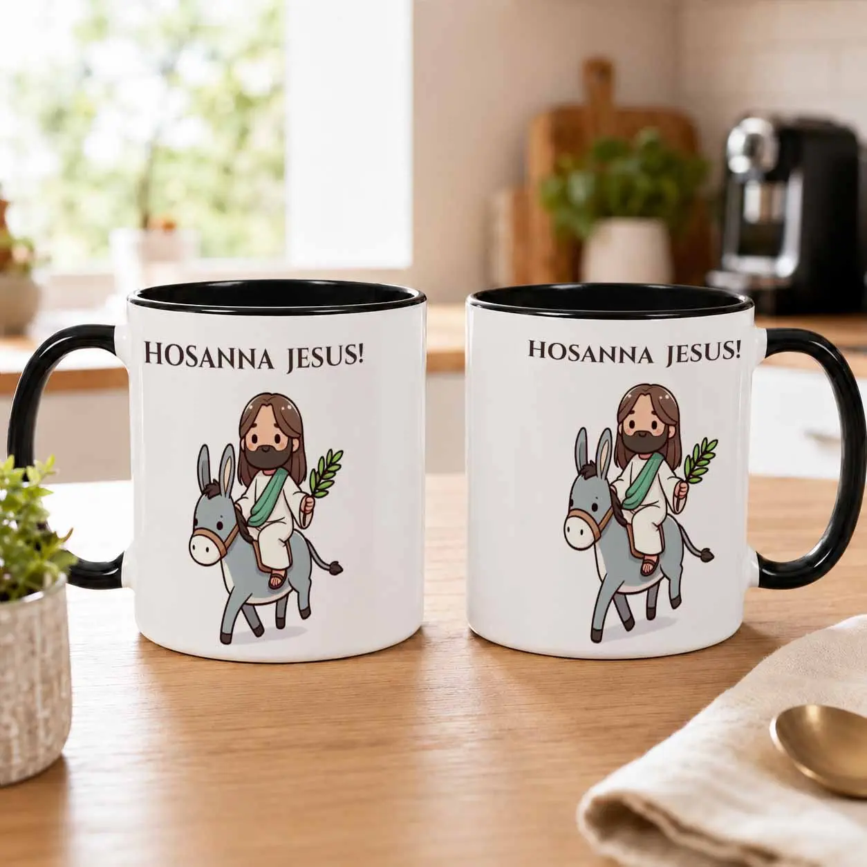 Hosanna Jesus Riding Donkey Mug (11oz/15oz)  Religious Palm Sunday Cartoon Print  Durable Ceramic Coffee Cup  Microwave Safe Tea Drinkware  Best Christian Gift For Easter  Church Office Desk Decor  Inspirational Morning Beverage Container