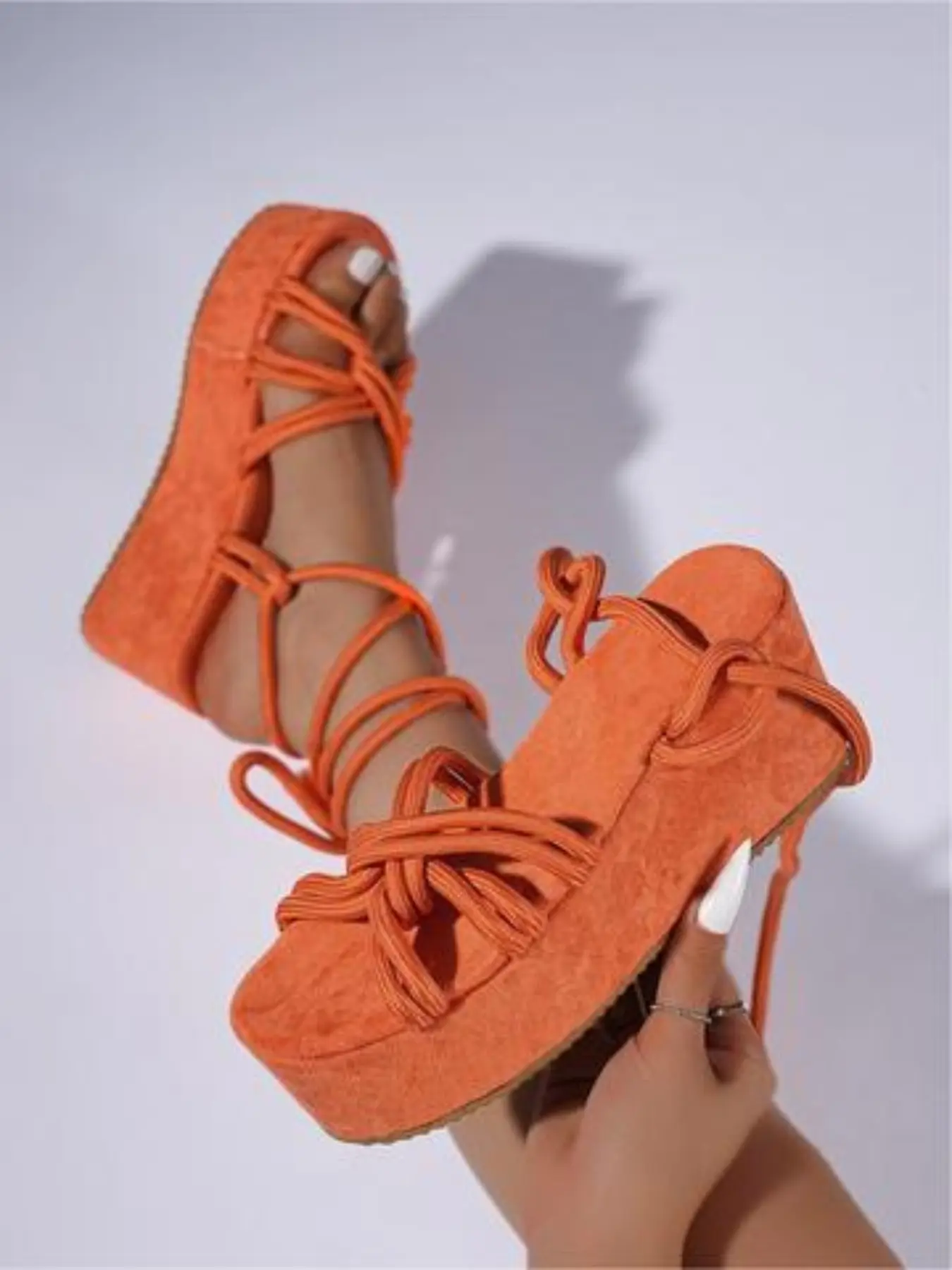 Women's Velvet Lace-Up Wedge Sandals, Elegant Fashionable Sandals, Summer Thick Sole Platform Shoes, Multi-Layer Wrapped Strap Design, High Heel Roman Style, Strappy Heels, Solid Color Wedge, Fancy Sandals, Elegant Classy Sandals
