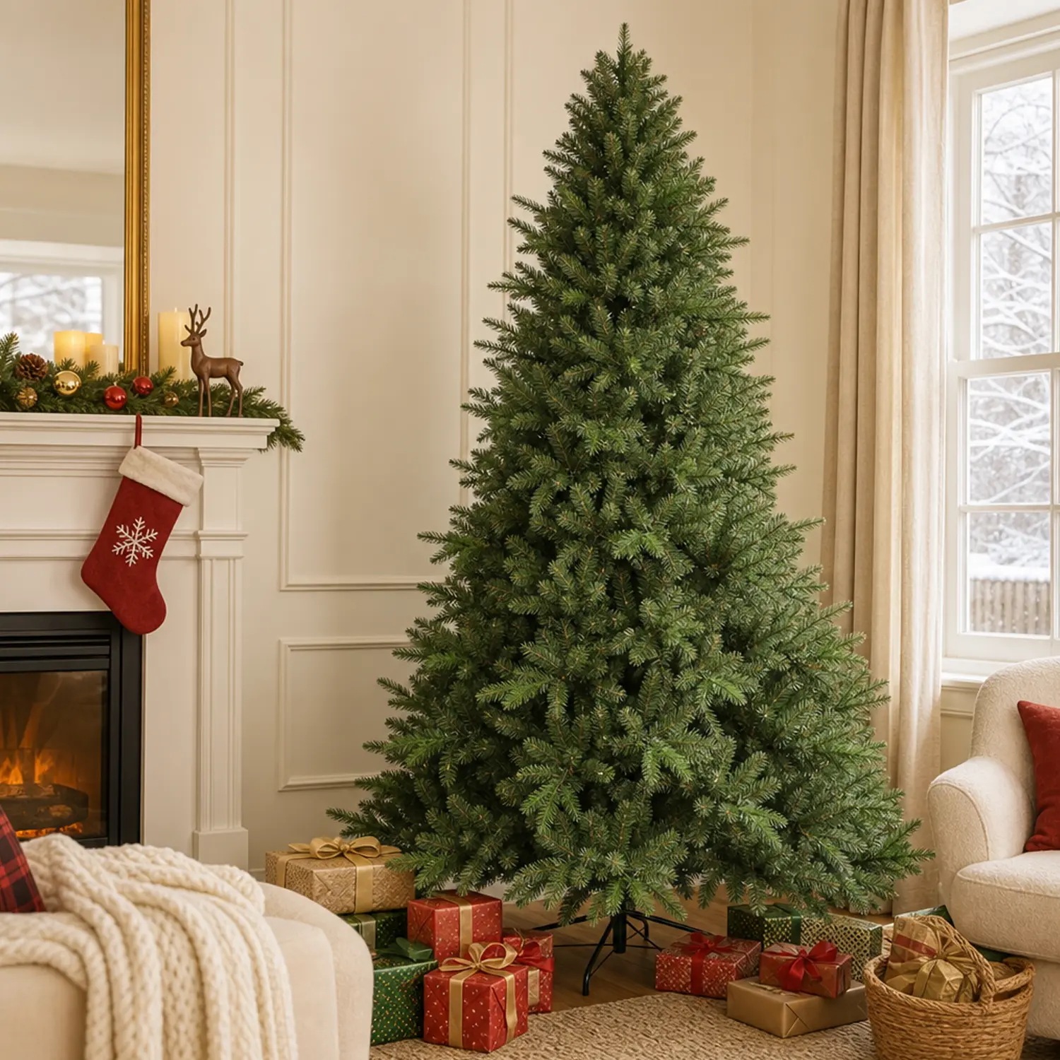6FT Unlit Artificial Christmas Tree, PE & PVC Mixed Branch Tips, Hinged Green Xmas Tree with Foldable Metal Stand, Holiday Decoration for Indoor Home & Office