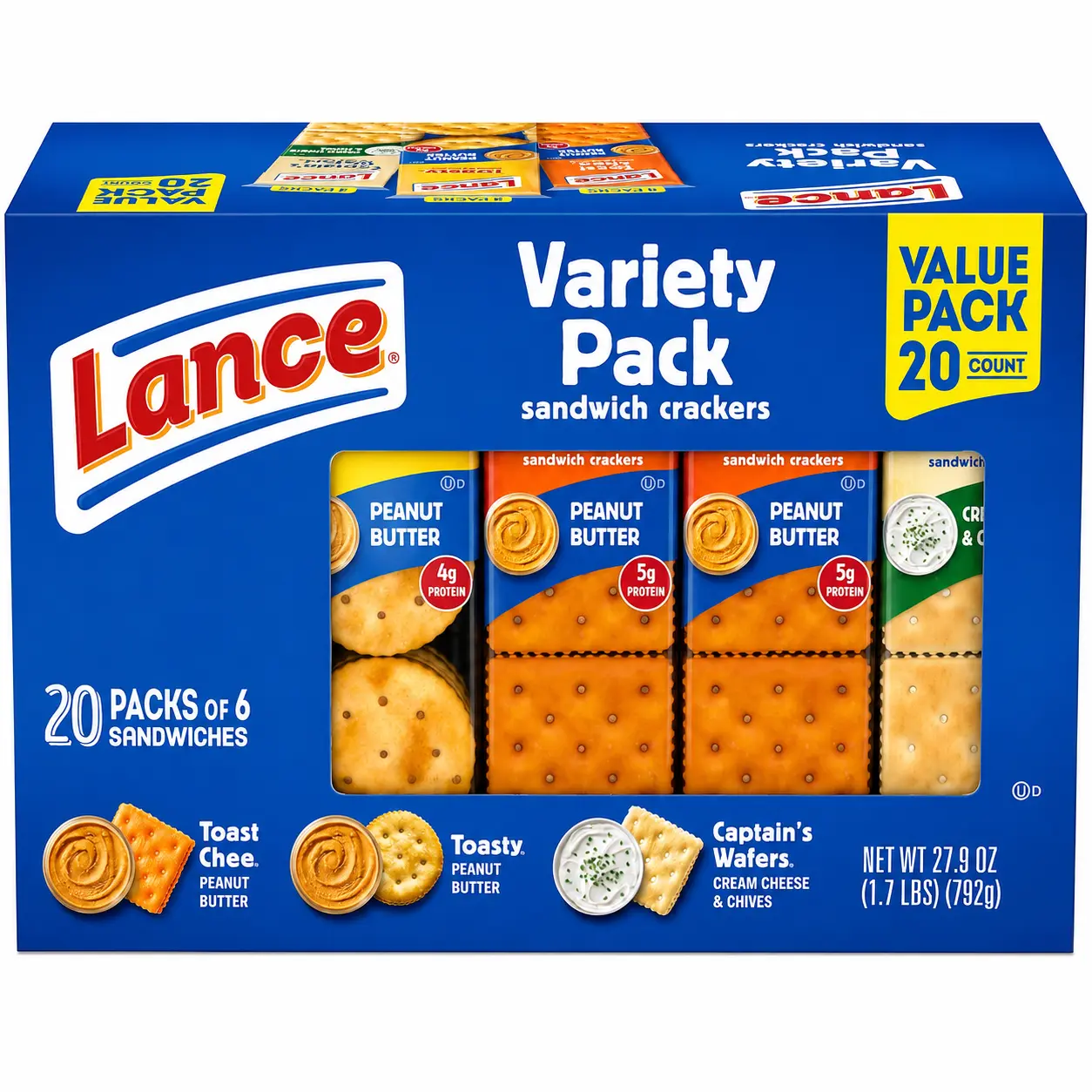 Lance Sandwich Crackers, Variety Pack, 3 Flavors, 20 Individually Wrapped Packs, 6 Sandwiches Each
