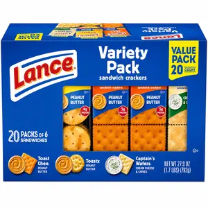 Lance Sandwich Crackers, Variety Pack, 3 Flavors, 20 Individually Wrapped Packs, 6 Sandwiches Each