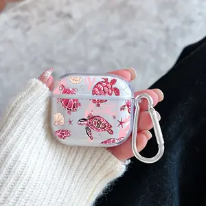 Pink Turtles Pattern Protective Case for AirPods 4/3/2/1/Pro/Pro2 Soft TPU Earphone Cover, Transparent with Keychain