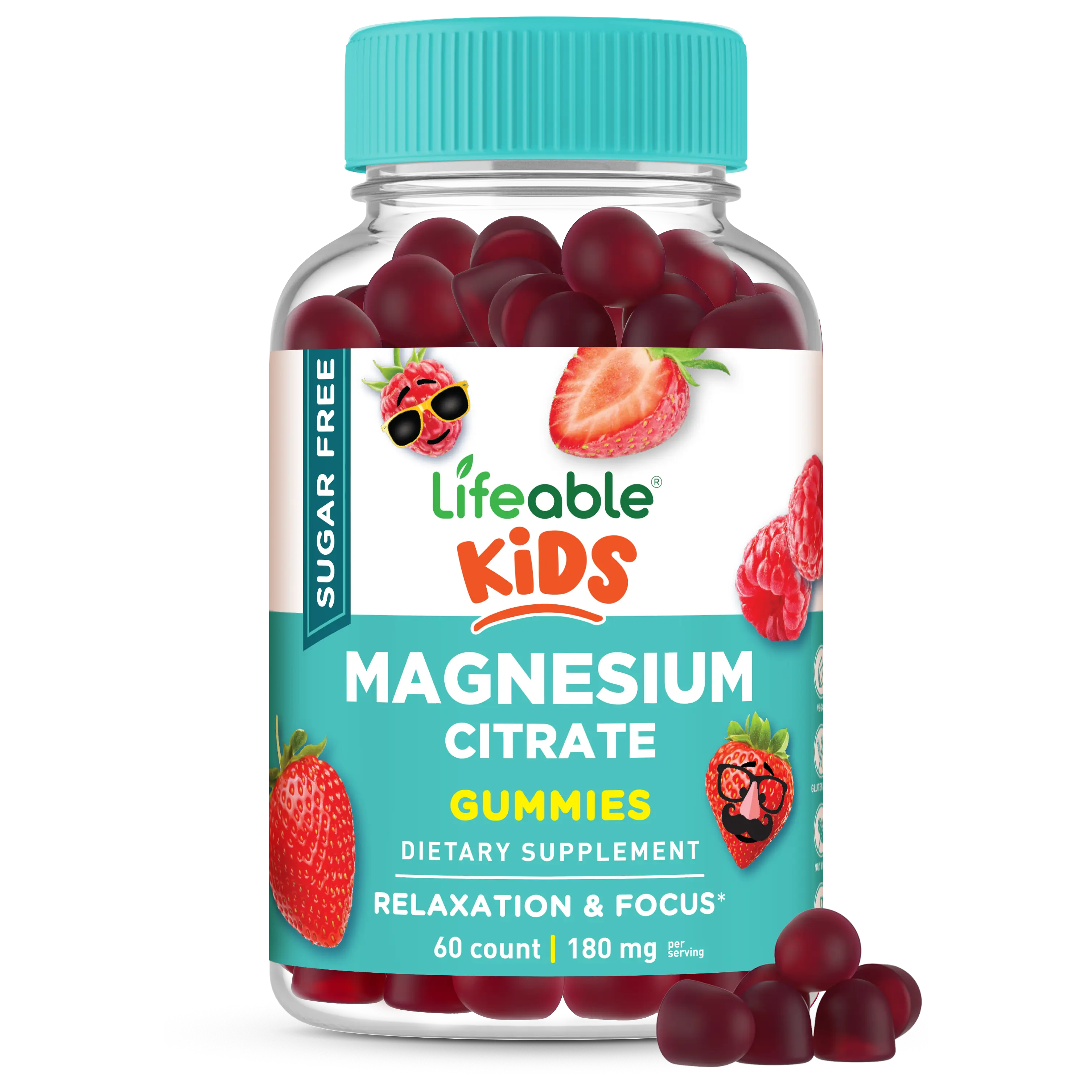 Lifeable Kids Sugar-Free Magnesium Citrate Gummies - 180mg, Berry Flavor, Vegan, Keto-Friendly Dietary Supplements for Children, 60-Count Minerals & Nutrition Support