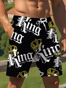 Crown Letter K King Full Print Shorts, Casual Streetwear Shorts, Trendy Summer Men's Pants, Sporty Style, Fitted Design, Geometric Pattern