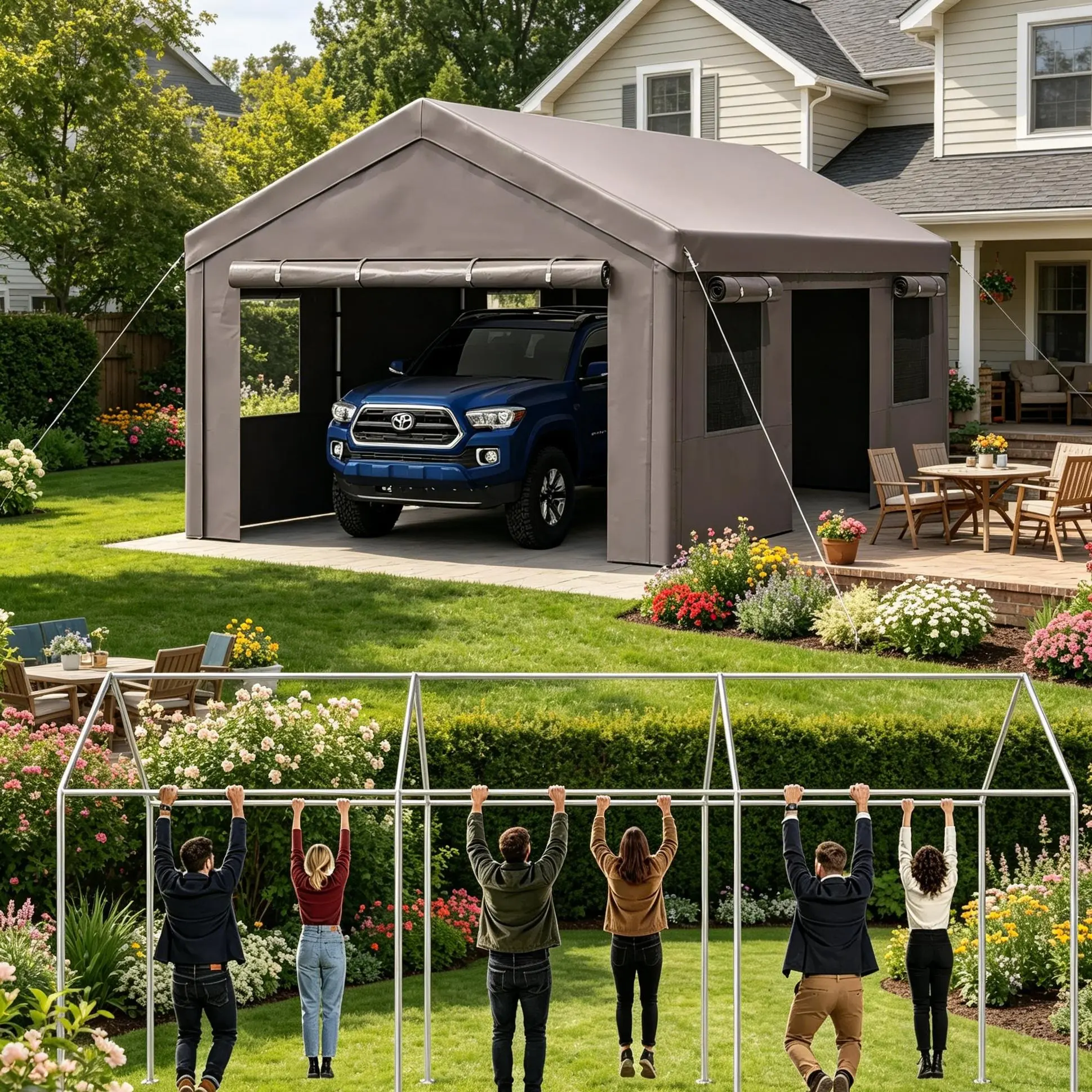Aoxun 12x20ft Heavy-Duty Car Canopy, Portable Garage with Sidewalls & Side Roll-Up Door, Waterproof Outdoor Storage Shed That Protects Vehicles & Creates a Secure Environment, Gray
