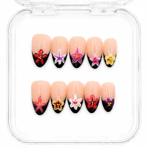 Summer — Hand-Painted Floral Almond Press-On Nails | Black French Tips & Gold Stud Centers