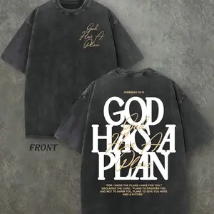 Menswear Vintage Washed "God Has a Plan" Double-Sided Print Tshirt, 230gsm Heavyweight Round Neck Christian Streetwear, Unisex Wide-Shoulder Soft Stylish High-Quality Cotton Oversized Ribbed Casual Top