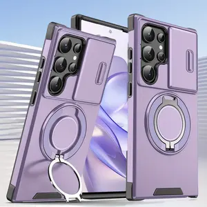 Phone Cases for Galaxy S25, S24, S23, S22 Ultra, 24, S23, S22 Plus, S23FE, S20FE, A55, A54, A35, A16, A15, A14, A06 with Sliding Camera Cover, 360° Swivel Stand, and Magnetic Car Mount, Shockproof Matte Texture