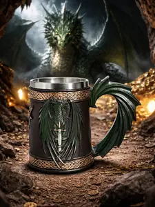 The Armored Kingdom Green Dragonlord’s War Mug(16oz)-Sturdy-Heavyweight Feel-Premium Finish Drinkware Steel Ancient Scale Stainless Tail Cup Washable Tumbler Reusable