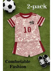 Girls' Football Fan Set, Short Sleeve Round Neck T-Shirt & Shorts, 100% Polyester, 3D Digital Print, Retro Pattern, Casual Style