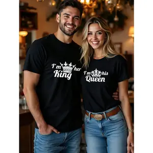 His Queen Her King Couple T-Shirt Valentine's Day Romantic Gift Casual Short Sleeved Summer Crown Design Soft Polyester Fabric Playful Pattern Comfortable Fit Perfect for Couples and Romantic Occasions 1pc