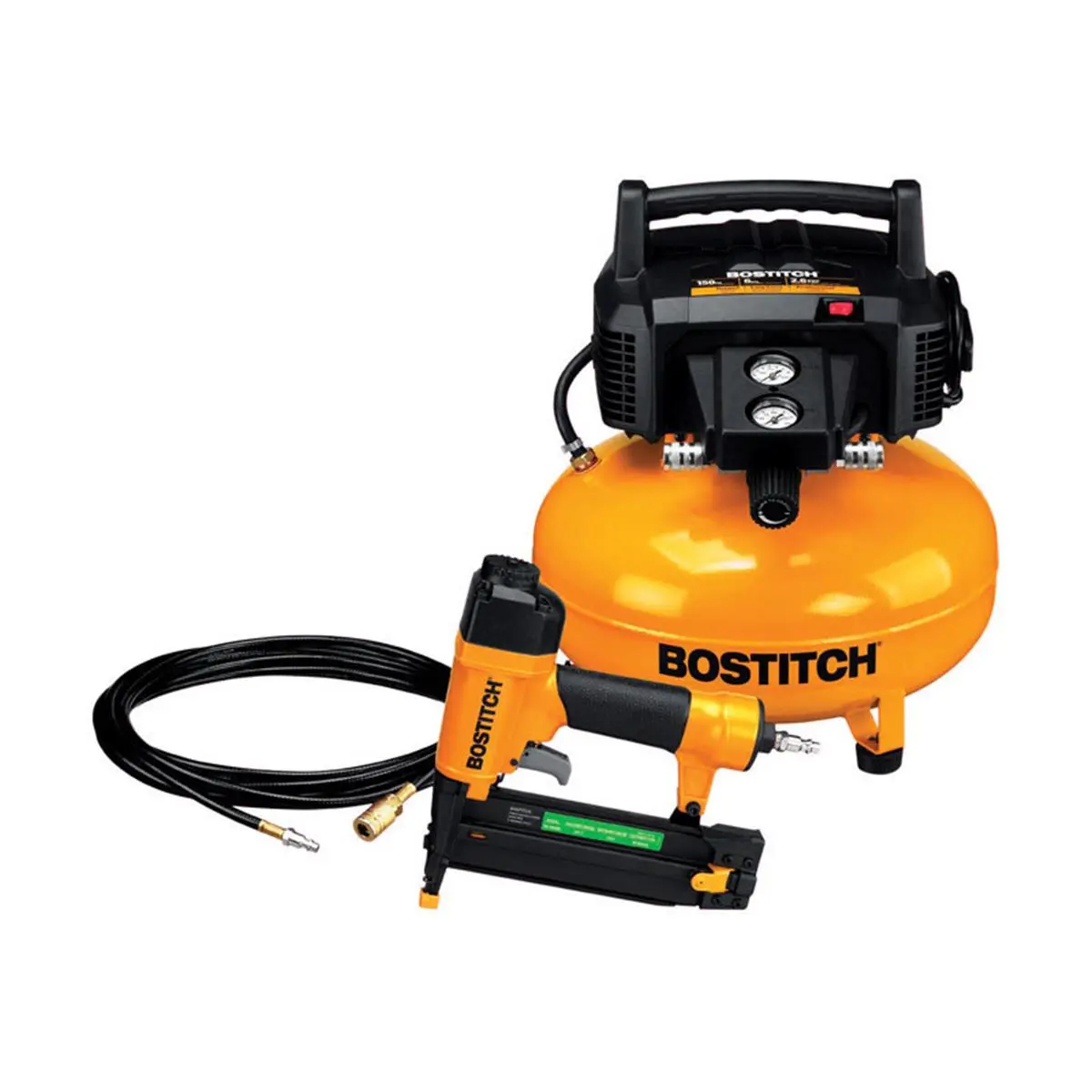 Bostitch 2827285 18-Gauge Pneumatic Brad Nailer & Compressor Combo Power Tool Set with Canister, 150 PSI Straight Fasteners for Cabinets, Trimming Jobs
