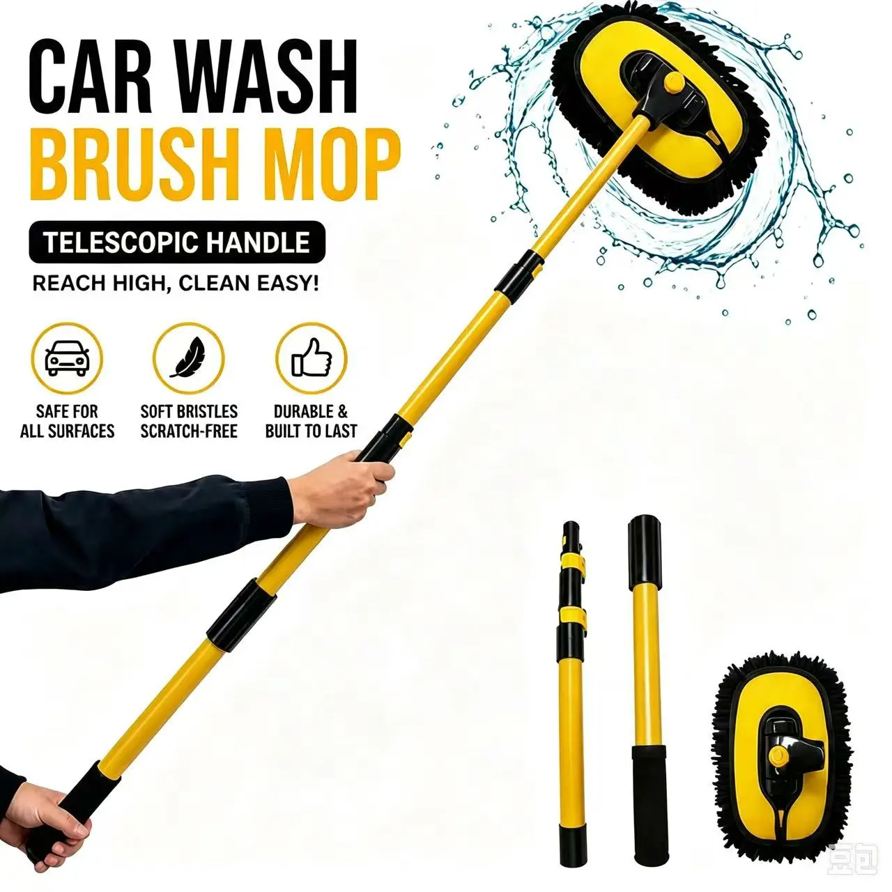 Black Friday 43'' Long handle car wash mop，Brush head 360° rotating，Detail cleaning，3X Fast Clean，Retractal Christmas gifts: Must-haves for car ownersle aluminum fathersdaygift