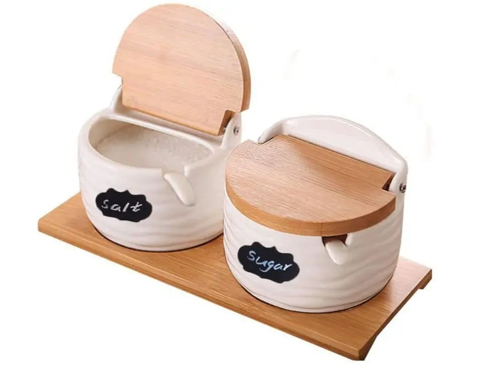 Ceramic Salt Cellars With Lids, Spoons And Labels For Countertop Kitchen Pepper Containers