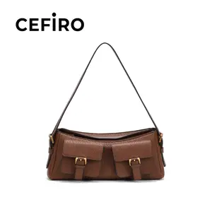 Cefiro Maggie Shoulder Bag - Brown with Gold Buckles and Adjustable Strap for Everyday Use