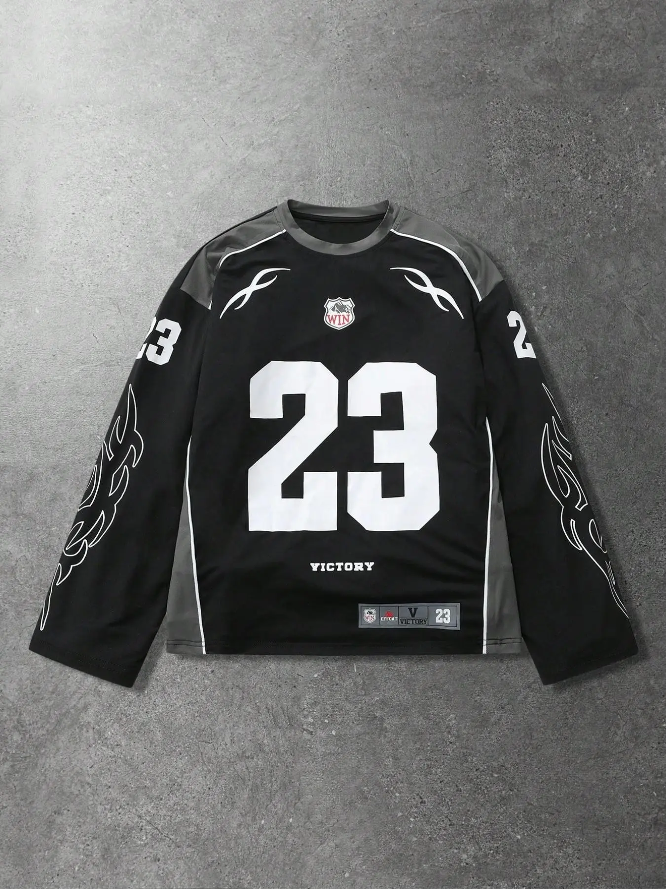 American Street Style 23 Flame Print Long Sleeve Jersey, Vintage Y2K Loose Fit Sports T-Shirt, Retro Fashion Top for Men, Crew Neck Sportswear, Athleisure Clothes, Athletic Streetwear