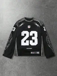 American Street Style 23 Flame Print Long Sleeve Jersey, Vintage Y2K Loose Fit Sports T-Shirt, Retro Fashion Top for Men