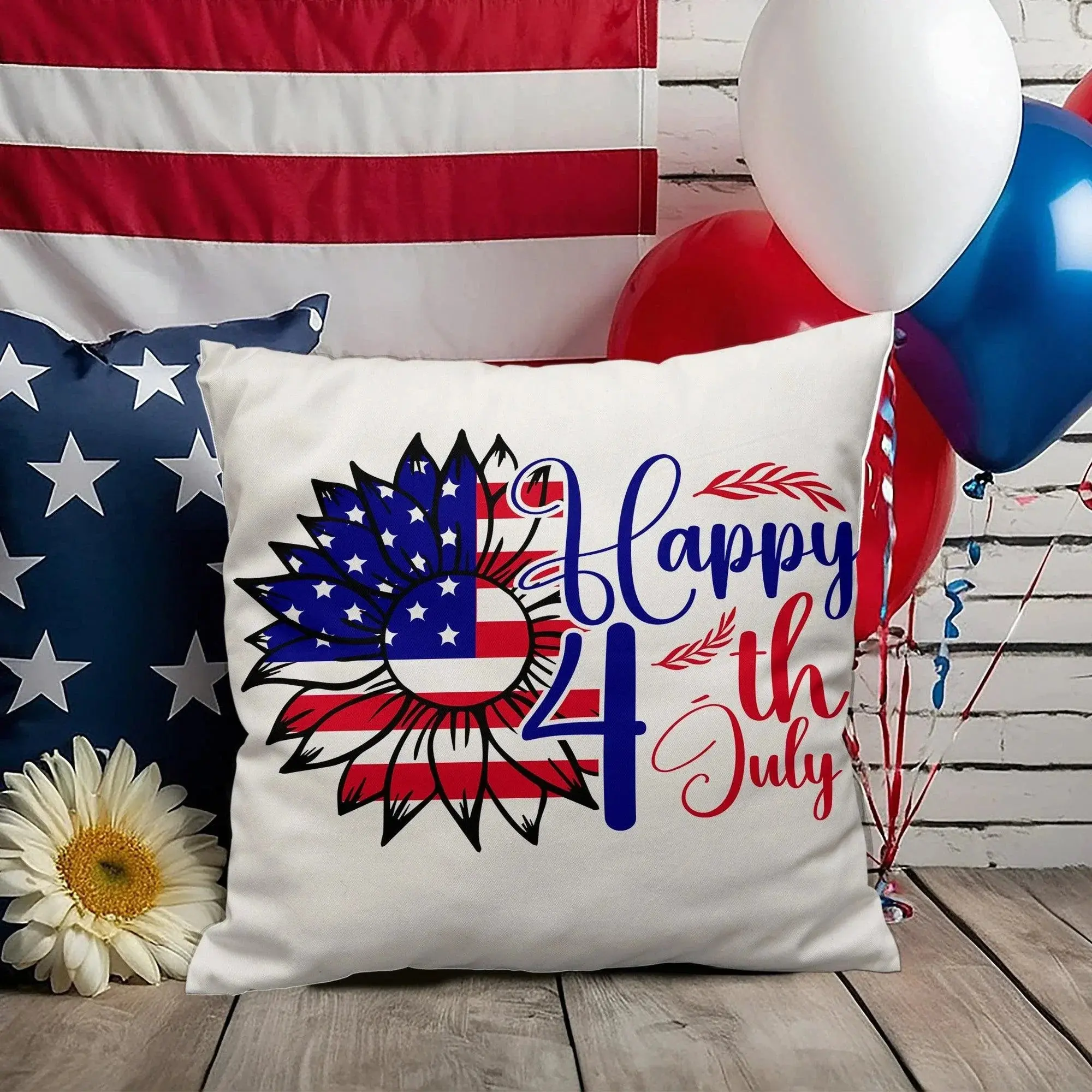 Happy 4th of July Sunflower Pillow – Patriotic Floral Throw Pillow – Red White Blue Farmhouse Decor – Americana Outdoor Cushion