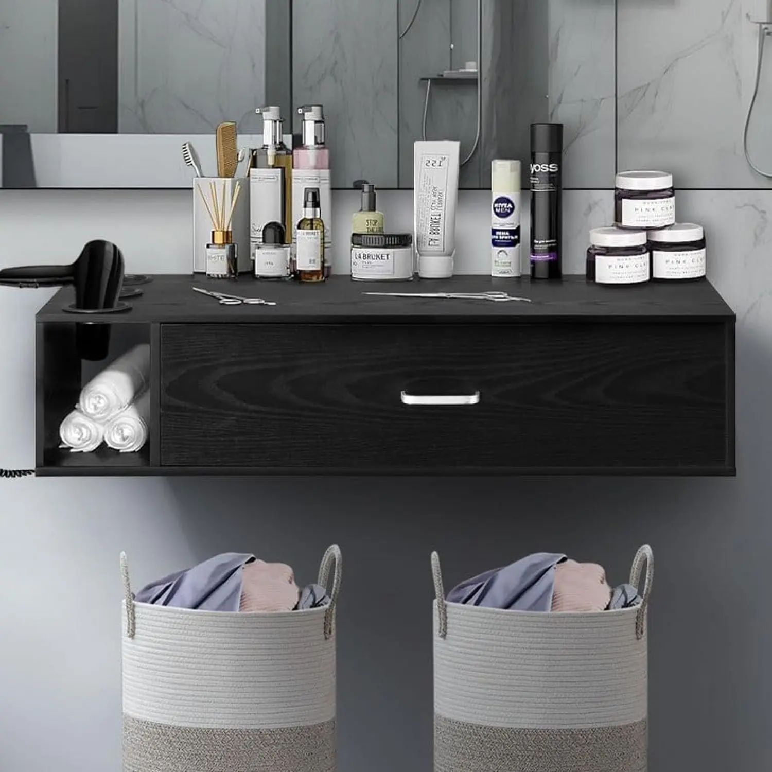 [DealsForYouDays][Summerwins] HOMBCK Wall Mount Station for Hair Stylist, 36” Beauty Salon Stations with Drawer, Hair Salon Station Cabinet, Stylist Salon Stations Storage Cabinets, 3 Hair Dryer Holders summer garden,fathers day gift ideas