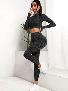 Women's Leopard Print Zip Up Crop Top & High Waist Leggings Tracksuit Set, Sporty Casual Comfy Outfits for Yoga Gym, Women Tracksuits for Spring & Fall