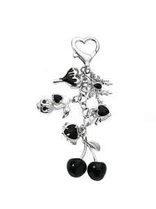Dark Cherry Heart Keychain Red And Black Rhinestone Silver Flower Leaf Pendant Bag Charm Accessory Girly Ins Style Accessory Suitable For Handbags And Earphone Cases Sweet And Cool Hot Girl Decoration Gift For Best Friend Or Girlfriend's Birthday
