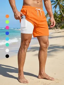 Mens 2 in 1 Beach Shorts with Phone Pocket, Summer Casual Board Shorts with Side Pockets, Quick Dry Swim Shorts Swim Trunks Drawstring Elastic Waistband Swimwear Swimsuit Bathing Suit