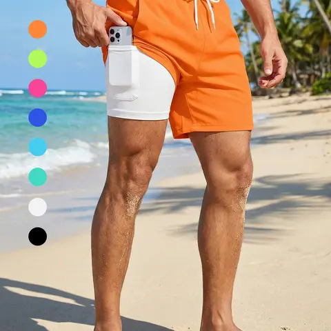 Mens 2 in 1 Beach Shorts with Phone Pocket, Summer Casual Board Shorts with Side Pockets, Quick Dry Pockets Swimming Shorts Swim Trunks Drawstring Elastic Waistband Swimwear Swimsuit Bathing Suit