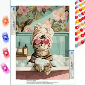 5d Diy Full Round Diamond Painting Kit Mosaic Cross Stitch Funny Pink Tabby Cat Bathroom Poster,Home Wall Design Art Full Drill Diamonds Embroidery Crafts,Living-Room Decor Gift,Frameless,Diamond Pattern Design