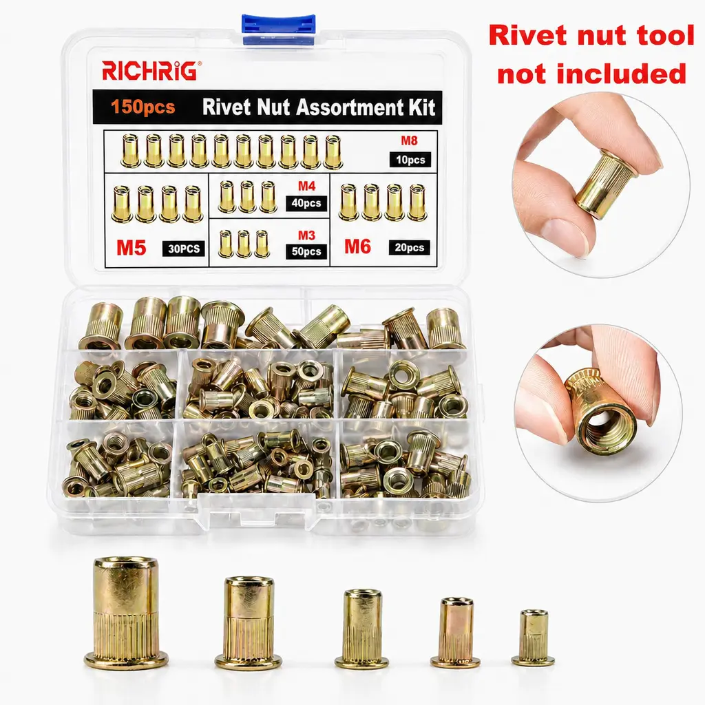 Rivet Nut 150 PCS (Sizes M3,M4,M5,M6,M8, Carbon Steel) – Suitable for Automotive Repair and Warehouse Operations (Rivet nut tool not included)
