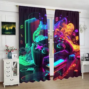 2-Piece Colorful Game Controller Print Curtains, Fashionable Rod Pocket Window Drapes for Bedroom & Living Room, Easy Installation