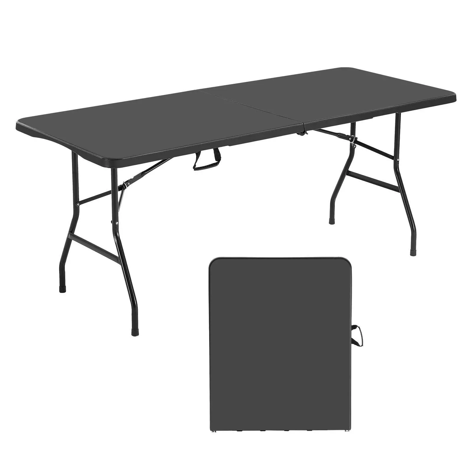 VEVOR Folding Table,  6 Ft Heavy Duty Portable Fold-in-Half Utility Table, Indoor Outdoor Plastic Rectangle Table with Built in Handle, for Party, Dining, Wedding, Events, Picnic, Camping, Black#BacktoSchool