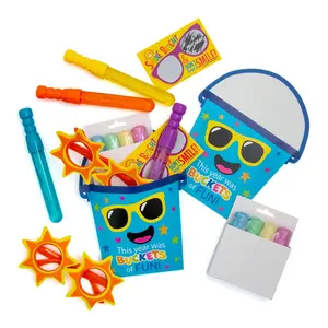 72-Pc. Buckets of Fun End of Year Favor Kit for 12, Kitchenware & Drinkware Accessories with Bubbles, Chalk, Classroom Supplies, 1 oz Items & 12 4-Count Jumbo Chalk Boxes
