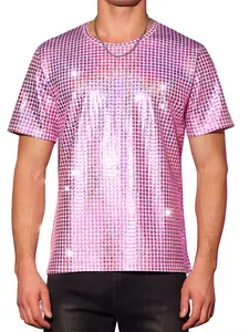 INSPIRE CHIC Metallic T-Shirt for Men's Round Neck Short Sleeves Sparkle Glitter Tee