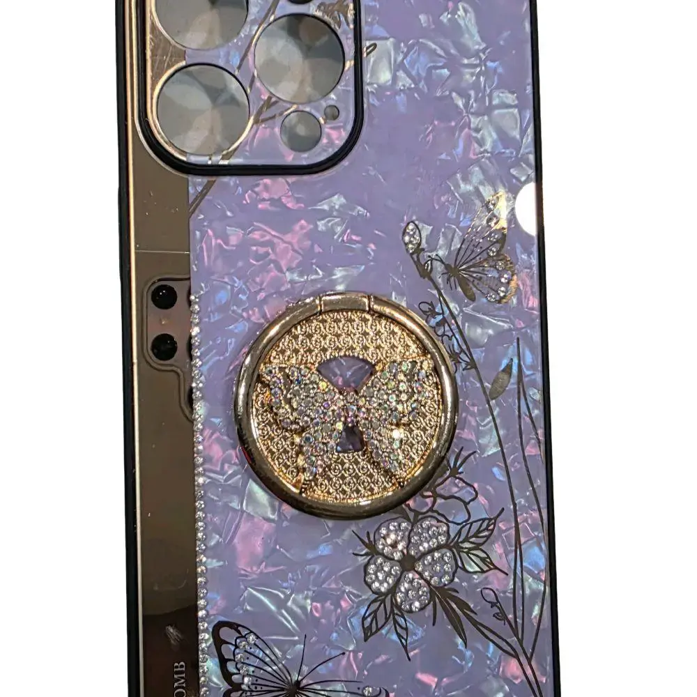 iPhone 14 Case for Women - Cute 3D Butterfly, Bling Sparkle Glitter Luxury Rhinestones, Floral Design with Ring Stand, Mirror, Shockproof Thin Girly Cover for Apple iPhone 14 (Purple)