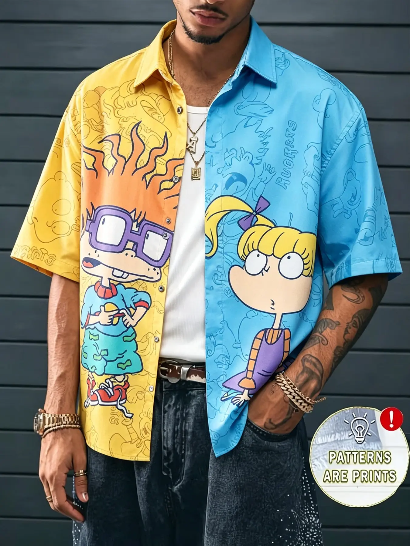 Men's Rugrats Cartoon Colorblock Short Sleeve Shirt, Color Block Shirts, Blue American Retro Loose Open Front, Summer Streetwear Fun Graphic Print Casual Top, Flame, Casual Printed Menswear, Casual Outings Shirt