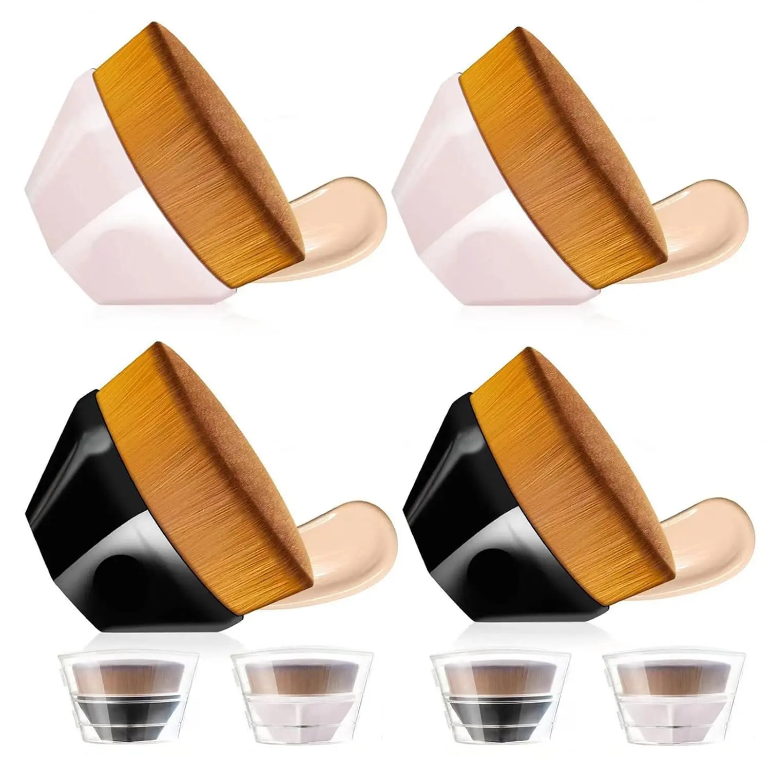 4 Pack Foundation Makeup Brush for Blending Liquid Cream Flawless Powder Face Blush with Protective Case(Black and Pink, Hexagon  Brush)