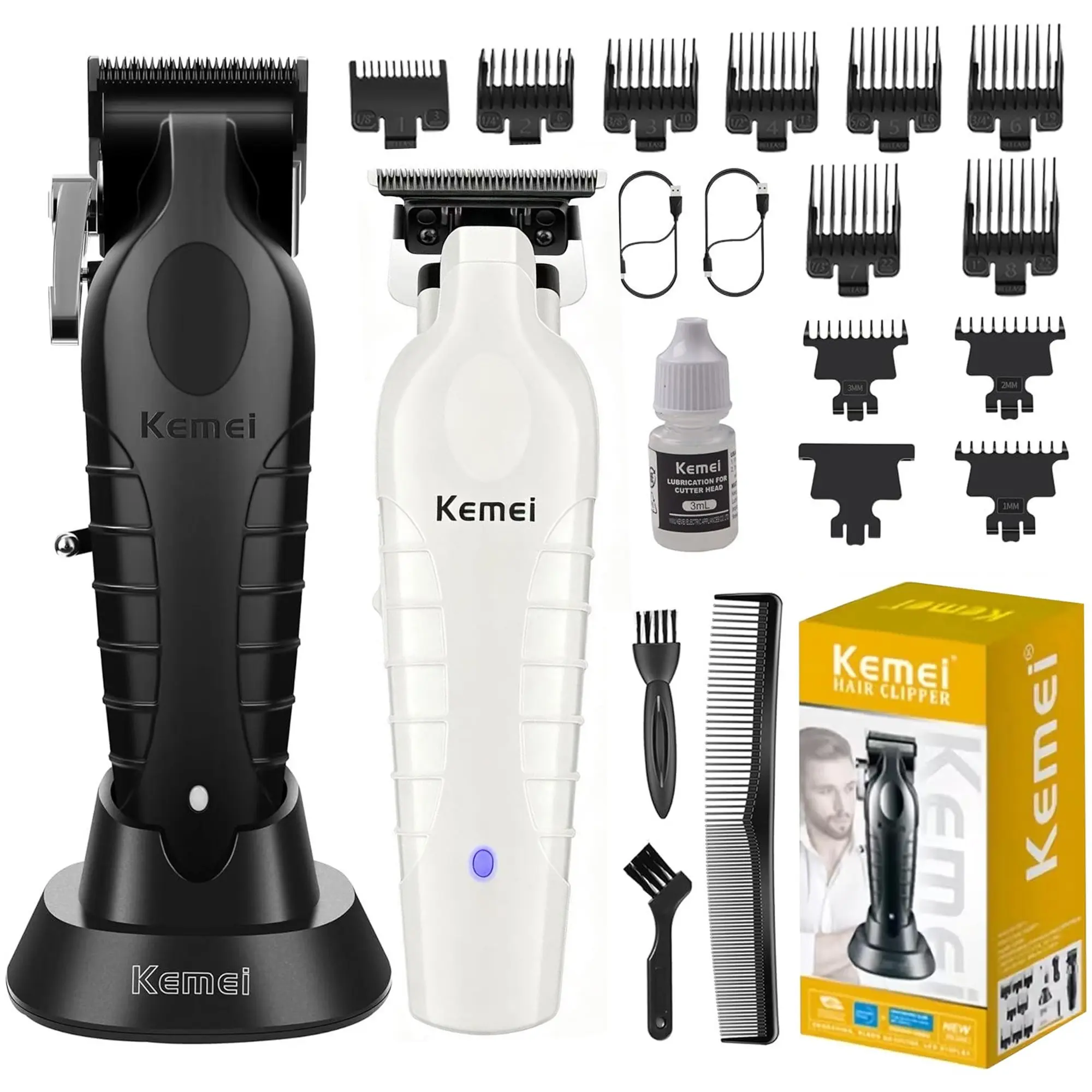KEMEI 2 IN 1 Clipers Set KEMEI 2296 & KEMEI 2299 White Hair Clippers for Men with LED Display Cordless Professional 0-Gapped Hair Trimmer & Barber Cutting Kit for Men, Ideal Gift for Men Beard and Hair Grooming