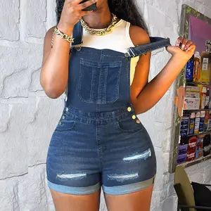 Women's Slim-Fit Denim Jumpsuit with Ripped Details Stretch Fabric & Decorative Buttons Fashionable Style Crew Neck Sleeveless Romper Casual Womenswear Aesthetic Chic Elegant Overalls Piece Pockets Basic Light Blue Minimalist Strap Strappy Dungarees