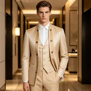 Men’s Jacquard Mandarin Collar 3-Piece Suit: Born Gentleman Edition | Champagne With Matching Trousers