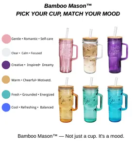 24 oz Glass Cups with Handle, Bamboo Lid & Straw  – 6 Aesthetic Colors – Pick Your Cup, Match Your Mood – Iced Coffee Mason Jars